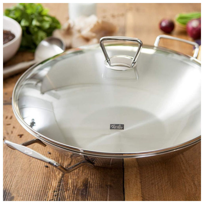 Fissler Padella Wok Kunming 36 cm Acciaio Inox con Coperchio in Vetro Induzione