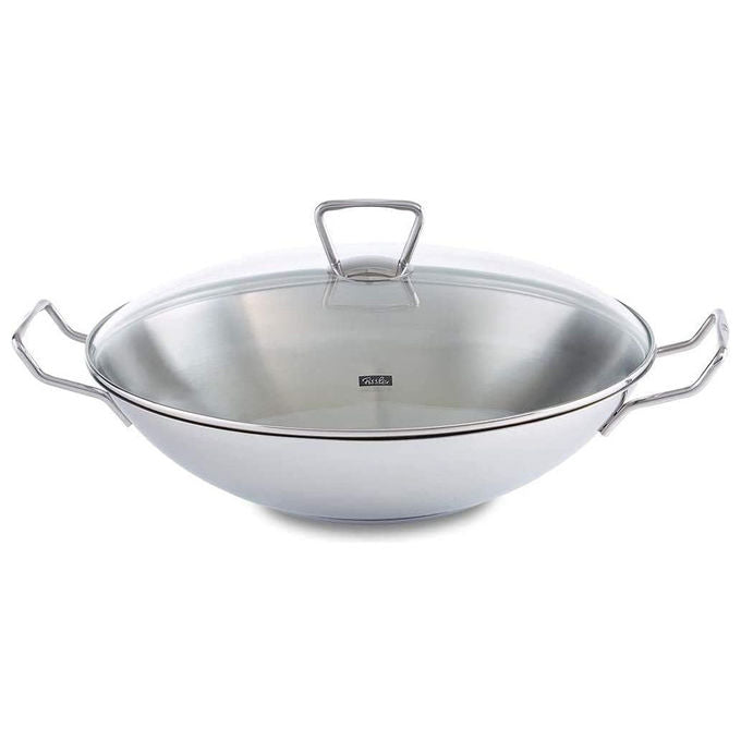 Fissler Padella Wok Kunming 36 cm Acciaio Inox con Coperchio in Vetro Induzione