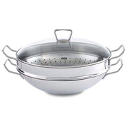 Fissler Padella Wok Nanjing 36 cm con Coperchio in Vetro e Inserto Vaporiera Acciaio Inox