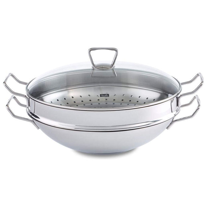 Fissler Padella Wok Nanjing 36 cm con Coperchio in Vetro e Inserto Vaporiera Acciaio Inox