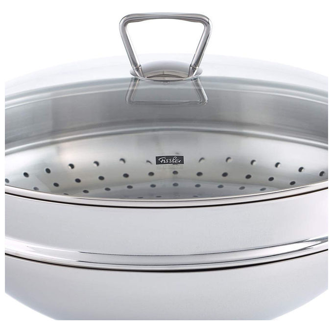 Fissler Padella Wok Nanjing 36 cm con Coperchio in Vetro e Inserto Vaporiera Acciaio Inox