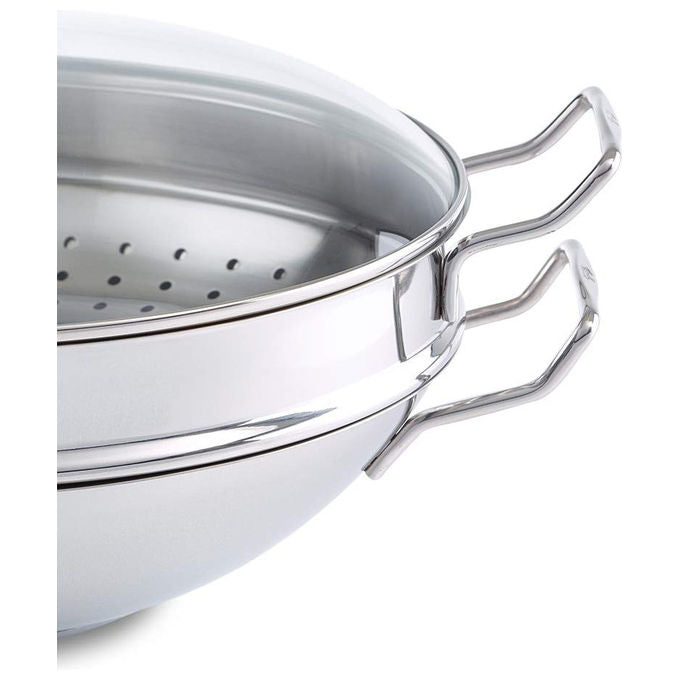 Fissler Padella Wok Nanjing 36 cm con Coperchio in Vetro e Inserto Vaporiera Acciaio Inox
