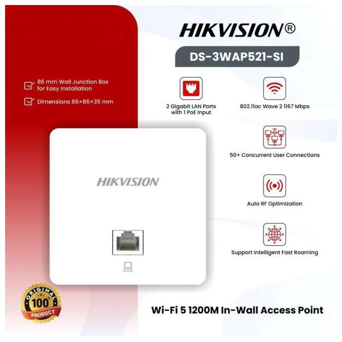 Hikvision DS-3WAP521-SI Access Point Wi-Fi 5 Dual Band 1200 Mbit-s PoE Gigabit Montaggio a Parete colore Bianco