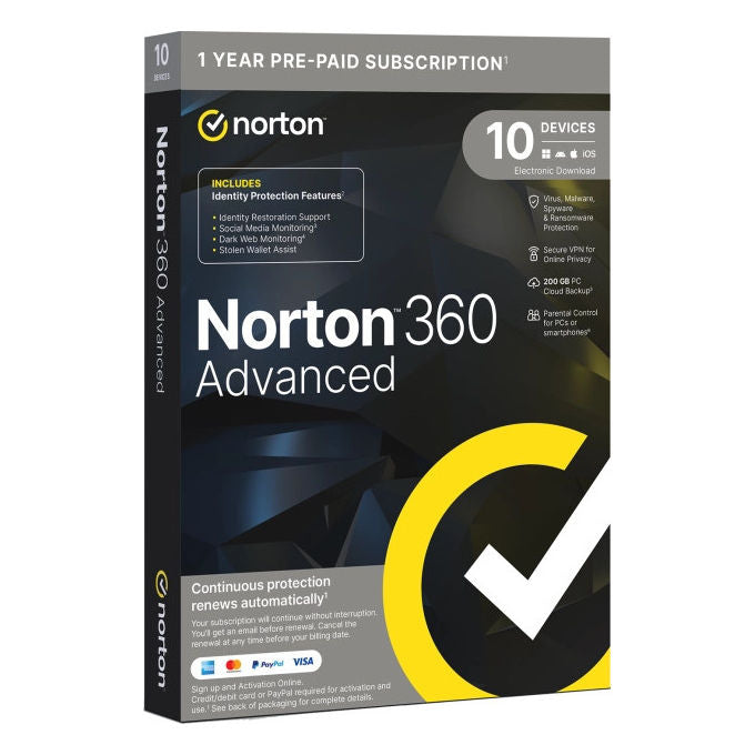 Norton 360 Advanced 2026 Antivirus Suite di Sicurezza 10 Dispositivi 200GB Backup Cloud VPN Password Manager Licenza ESD 1 Anno