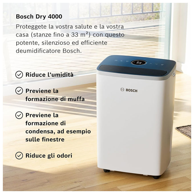 Bosch DRY 4000 Deumidificatore 16 L-24h per ambienti fino a 33 m² 38 dB serbatoio 2,5 L 3 modalita' colore Bianco