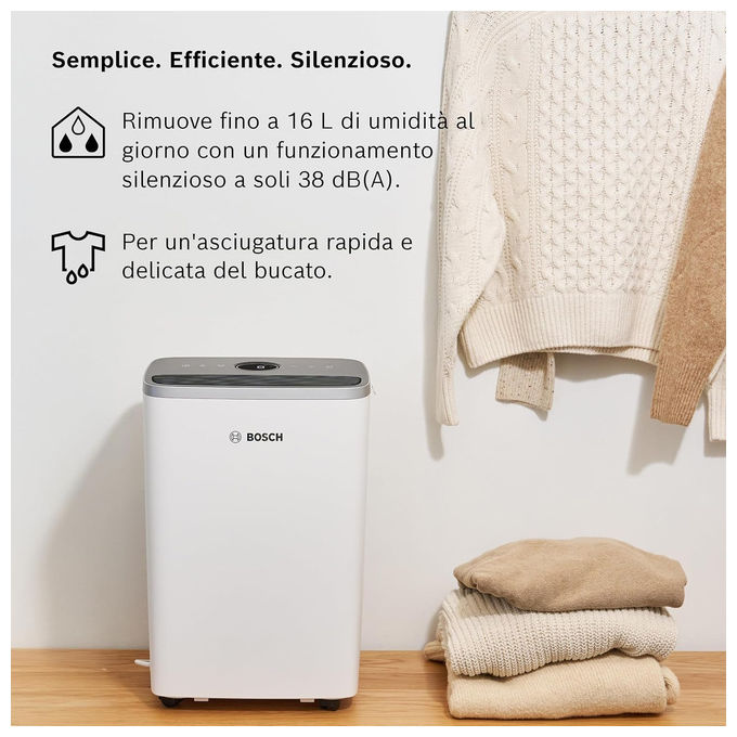 Bosch DRY 4000 Deumidificatore 16 L-24h per ambienti fino a 33 m² 38 dB serbatoio 2,5 L 3 modalita' colore Bianco