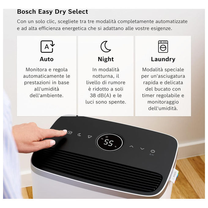 Bosch DRY 4000 Deumidificatore 16 L-24h per ambienti fino a 33 m² 38 dB serbatoio 2,5 L 3 modalita' colore Bianco