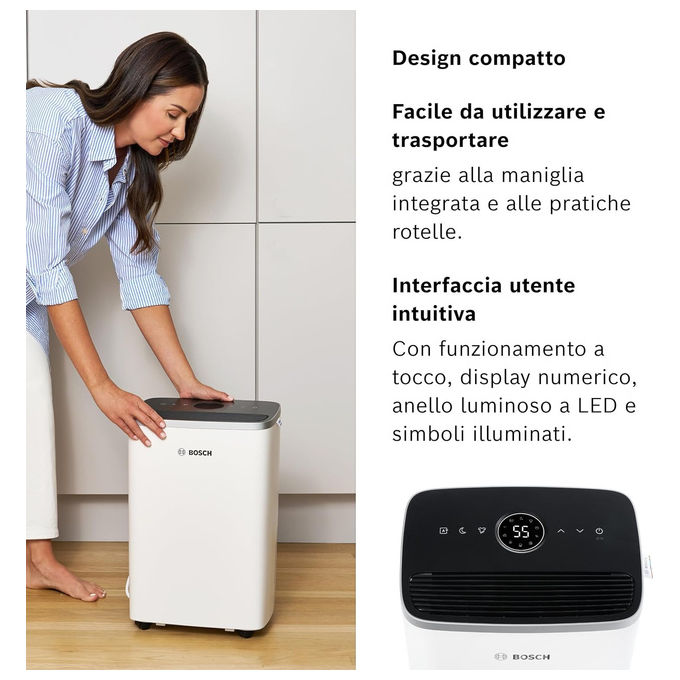 Bosch DRY 4000 Deumidificatore 16 L-24h per ambienti fino a 33 m² 38 dB serbatoio 2,5 L 3 modalita' colore Bianco