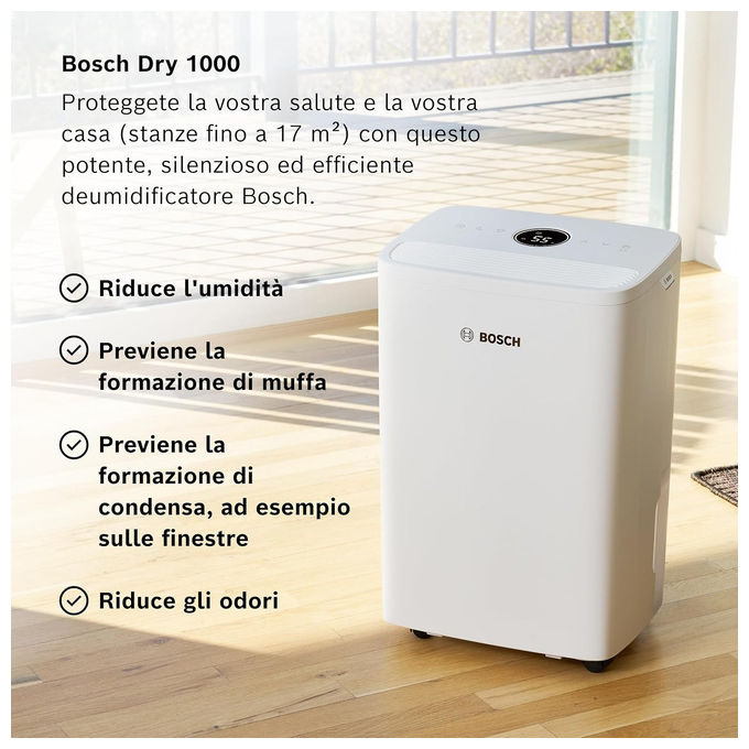 Bosch DRY 1000 Deumidificatore 10 l-24h per ambienti fino a 40 m² serbatoio 2.5 L 36 dB colore Bianco