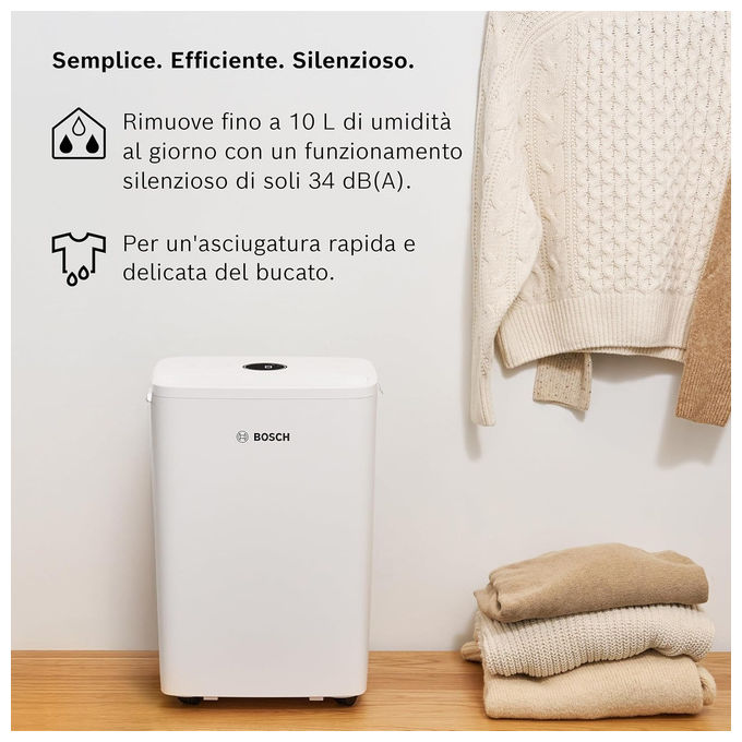 Bosch DRY 1000 Deumidificatore 10 l-24h per ambienti fino a 40 m² serbatoio 2.5 L 36 dB colore Bianco