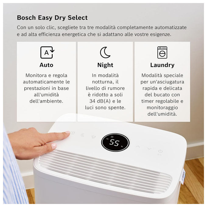 Bosch DRY 1000 Deumidificatore 10 l-24h per ambienti fino a 40 m² serbatoio 2.5 L 36 dB colore Bianco