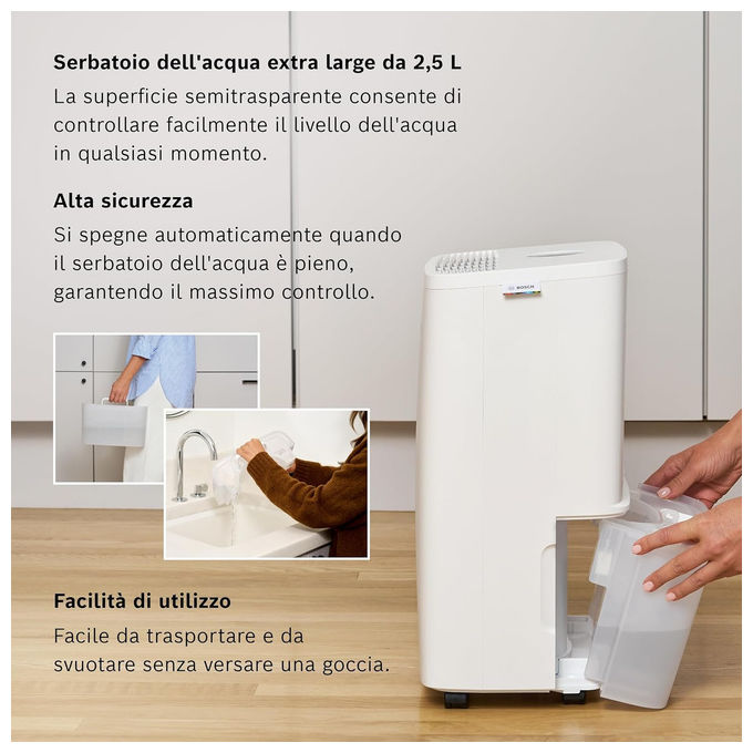 Bosch DRY 1000 Deumidificatore 10 l-24h per ambienti fino a 40 m² serbatoio 2.5 L 36 dB colore Bianco