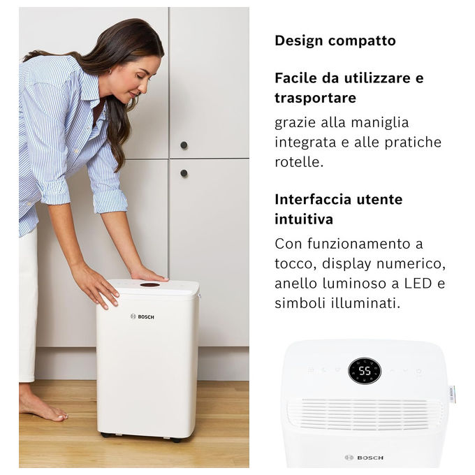 Bosch DRY 1000 Deumidificatore 10 l-24h per ambienti fino a 40 m² serbatoio 2.5 L 36 dB colore Bianco