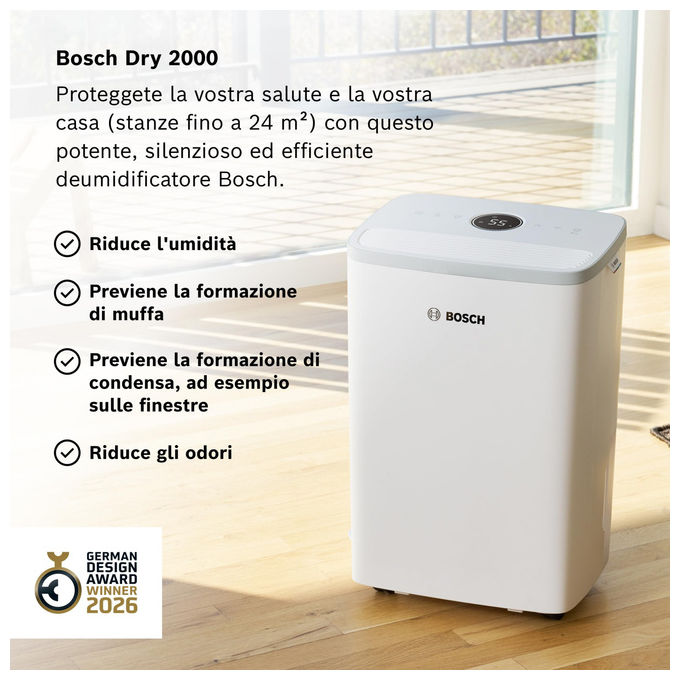 Bosch 7733703557 Dry 2000 Deumidificatore 12 L-24h serbatoio 2,5 L 38 dB per ambienti fino a 55 m³ colore Bianco
