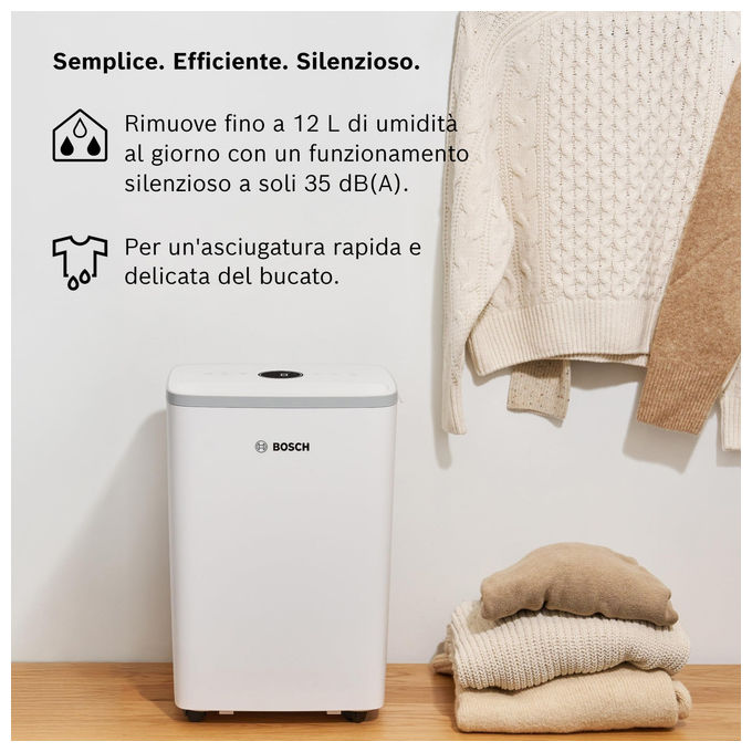 Bosch 7733703557 Dry 2000 Deumidificatore 12 L-24h serbatoio 2,5 L 38 dB per ambienti fino a 55 m³ colore Bianco