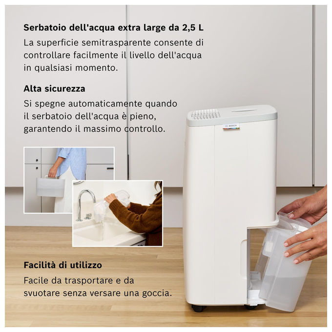 Bosch 7733703557 Dry 2000 Deumidificatore 12 L-24h serbatoio 2,5 L 38 dB per ambienti fino a 55 m³ colore Bianco