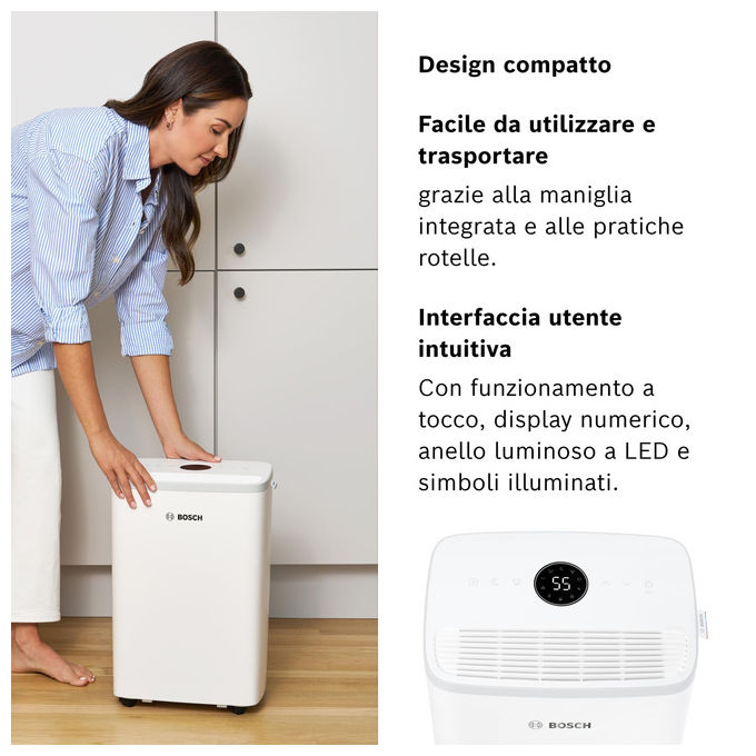 Bosch 7733703557 Dry 2000 Deumidificatore 12 L-24h serbatoio 2,5 L 38 dB per ambienti fino a 55 m³ colore Bianco