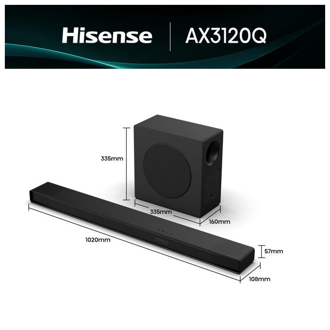 Hisense AX3120Q Soundbar 3.1.2 canali 440W Subwoofer Wireless Dolby Atmos DTS:X Bluetooth 5.3 HDMI eARC colore Nero