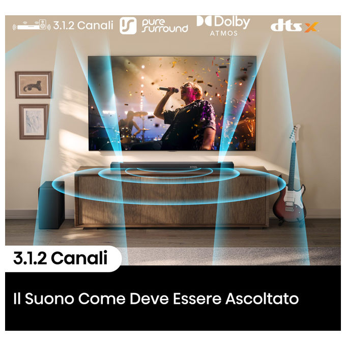 Hisense AX3120Q Soundbar 3.1.2 canali 440W Subwoofer Wireless Dolby Atmos DTS:X Bluetooth 5.3 HDMI eARC colore Nero