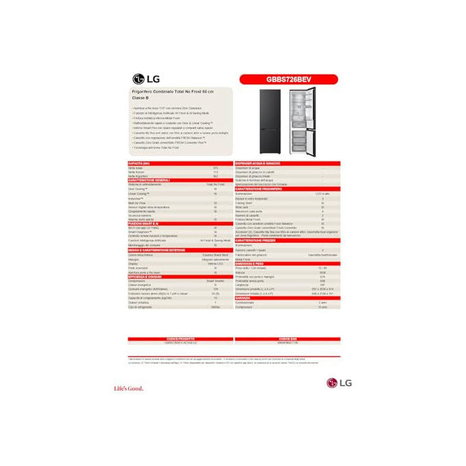 LG GBBS726BEV Frigorifero Combinato 375L Classe B Total No Frost AI Inverter Essence Black Steel (60x203x67 cm) colore Nero
