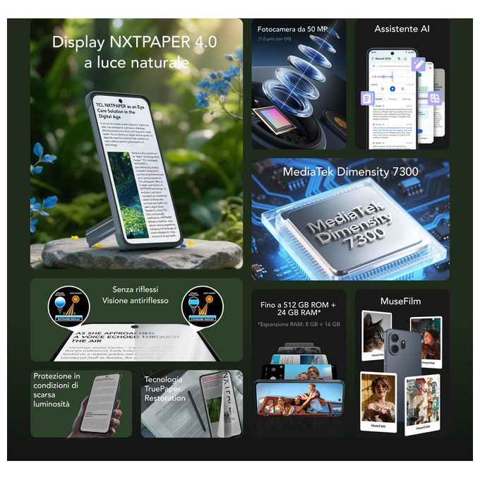 Tcl, Smartphone Android Nxtpaper 70 Pro 5G, Display 6,9'', Fotocamera 50MP Ois, 512GB, Blu Stellare