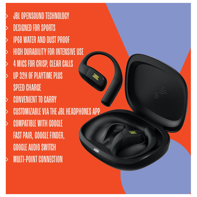 JBL, Endurance Zone, Cuffie Sportive Open-Ear True Wireless, Archetti Ergonomici, 32H Autonomia, IP68, Nero e Verde Lime