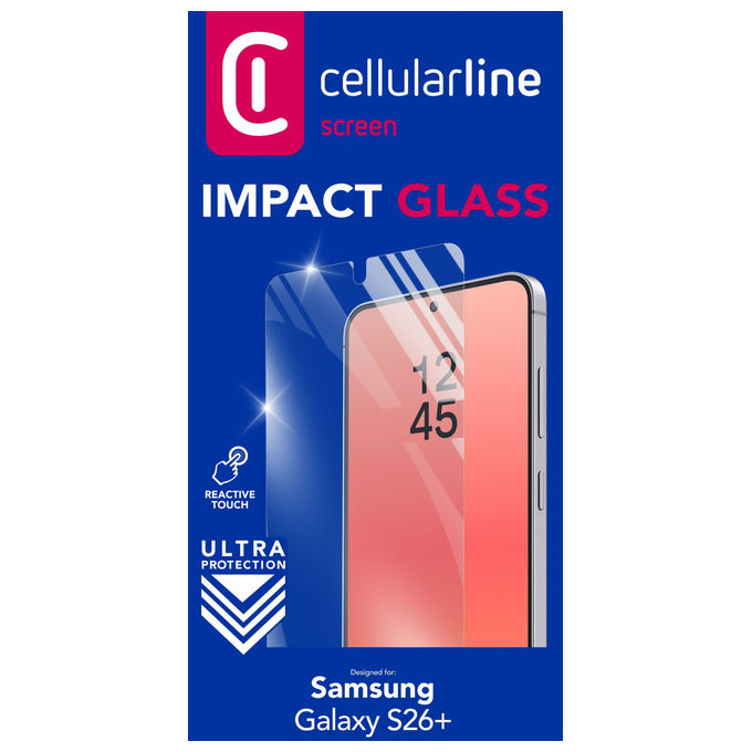 Cellularline Impact Glass, vetro temperato per Samsung Galaxy S26+, durezza 9H, sottile, trasparente, antigraffio