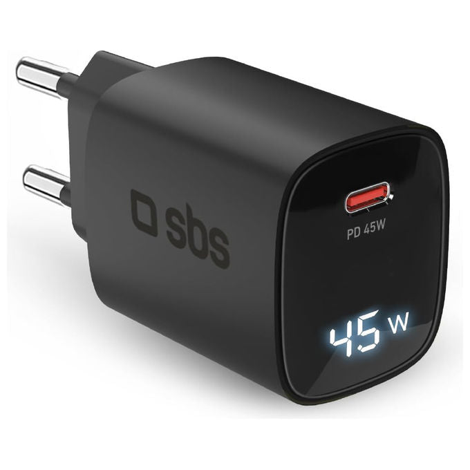 SBS TETRGANLCD1C45K Caricabatterie USB-C 45W GaN Power Delivery PPS Display LCD colore Nero