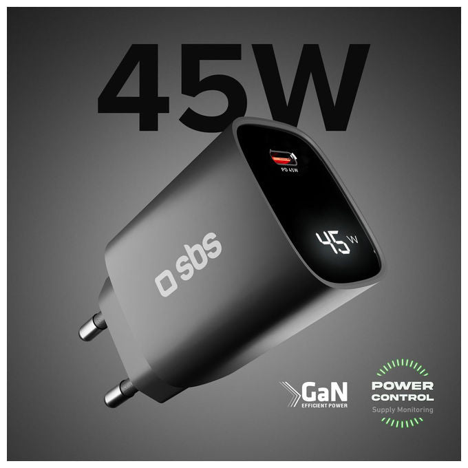 SBS TETRGANLCD1C45K Caricabatterie USB-C 45W GaN Power Delivery PPS Display LCD colore Nero