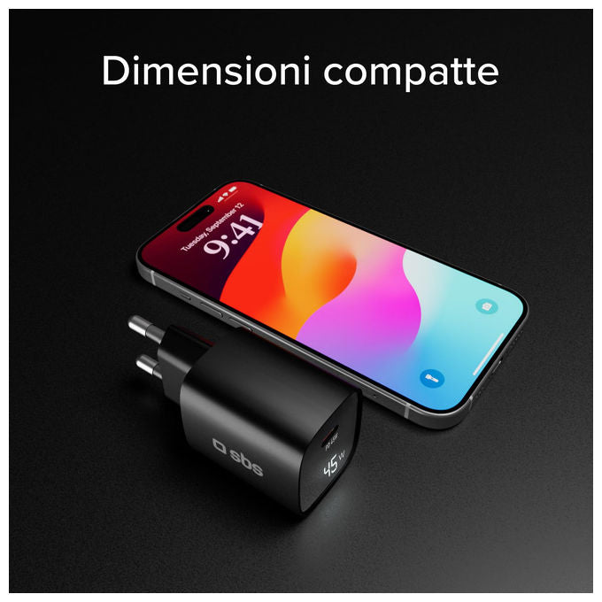 SBS TETRGANLCD1C45K Caricabatterie USB-C 45W GaN Power Delivery PPS Display LCD colore Nero
