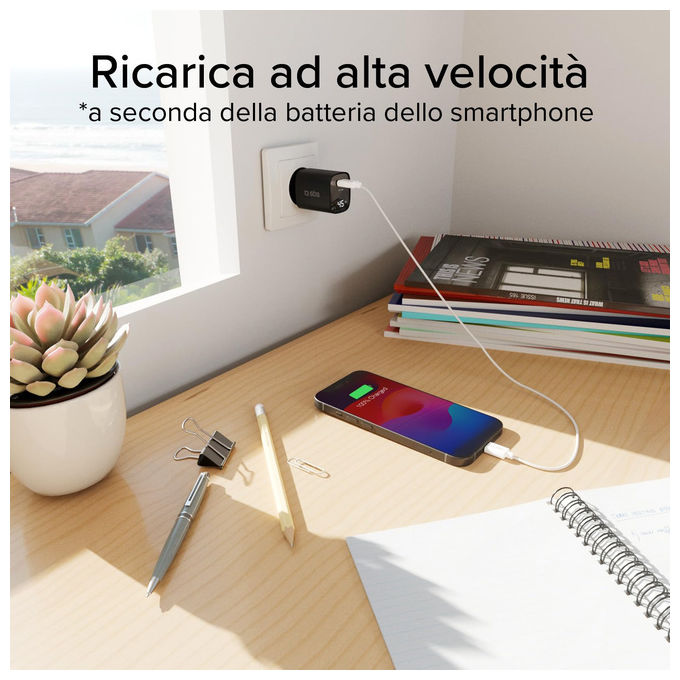 SBS TETRGANLCD1C45K Caricabatterie USB-C 45W GaN Power Delivery PPS Display LCD colore Nero