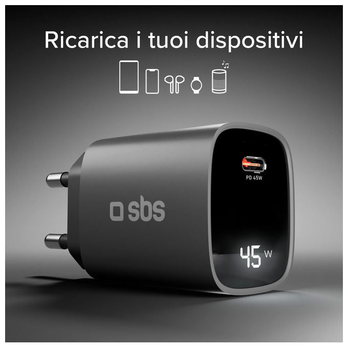 SBS TETRGANLCD1C45K Caricabatterie USB-C 45W GaN Power Delivery PPS Display LCD colore Nero