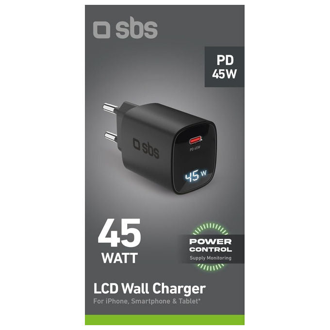 SBS TETRGANLCD1C45K Caricabatterie USB-C 45W GaN Power Delivery PPS Display LCD colore Nero