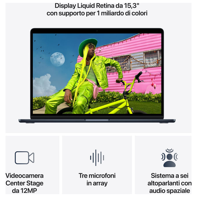 Apple MDVH4T-A MacBook Air 15'' Notebook Chip M5 10-core CPU 10-core GPU 16GB RAM SSD 512GB Wi-Fi 7 macOS colore Mezzanotte
