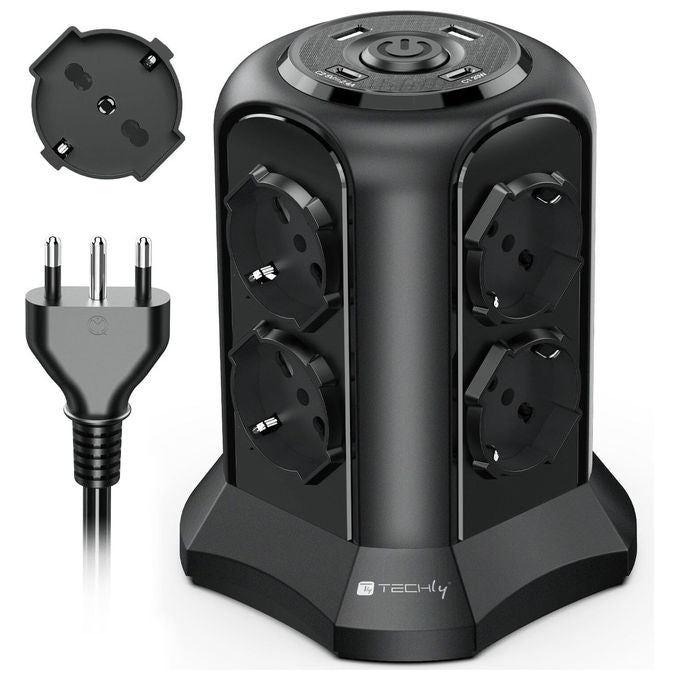 Techly IUPS-PCP-TOWER02 Multipresa a Torretta Salvaspazio 8 Posti Italiana Schuko 2 USB-A 2 USB-C 4000W 16A colore Nero