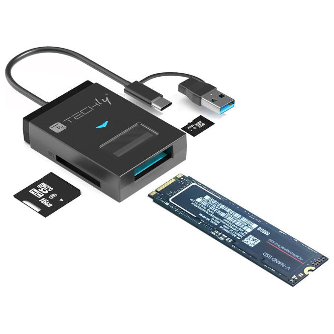 Techly, Adattatore USB-A-USB-C a NVMe-SATA M.2, Lettore Memorie SD-TF, Nero