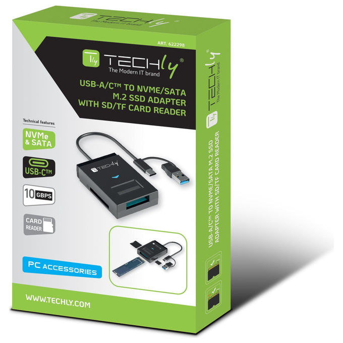 Techly, Adattatore USB-A-USB-C a NVMe-SATA M.2, Lettore Memorie SD-TF, Nero
