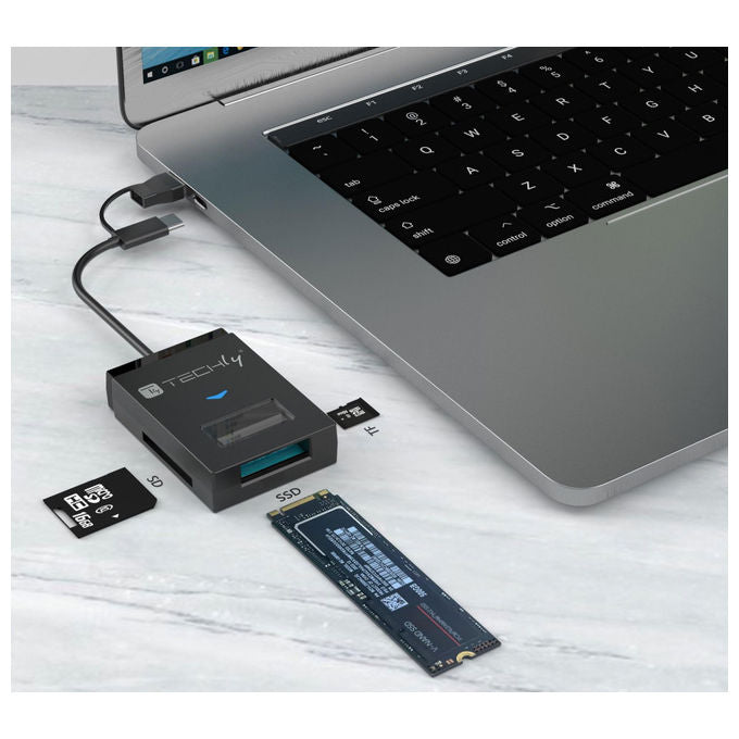 Techly, Adattatore USB-A-USB-C a NVMe-SATA M.2, Lettore Memorie SD-TF, Nero