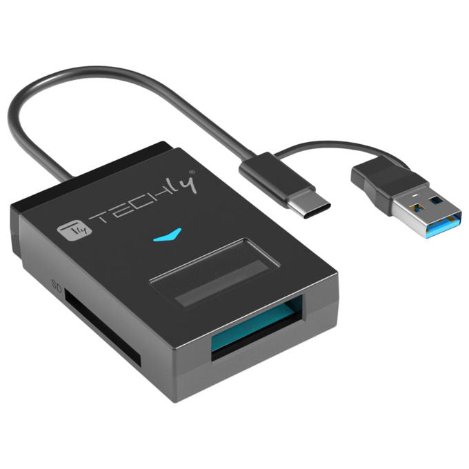 Techly, Adattatore USB-A-USB-C a NVMe-SATA M.2, Lettore Memorie SD-TF, Nero