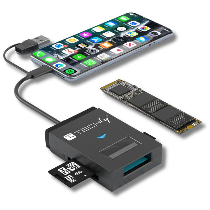 Techly, Adattatore USB-A-USB-C a NVMe-SATA M.2, Lettore Memorie SD-TF, Nero