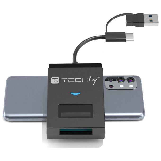 Techly, Adattatore USB-A-USB-C a NVMe-SATA M.2, Lettore Memorie SD-TF, Nero