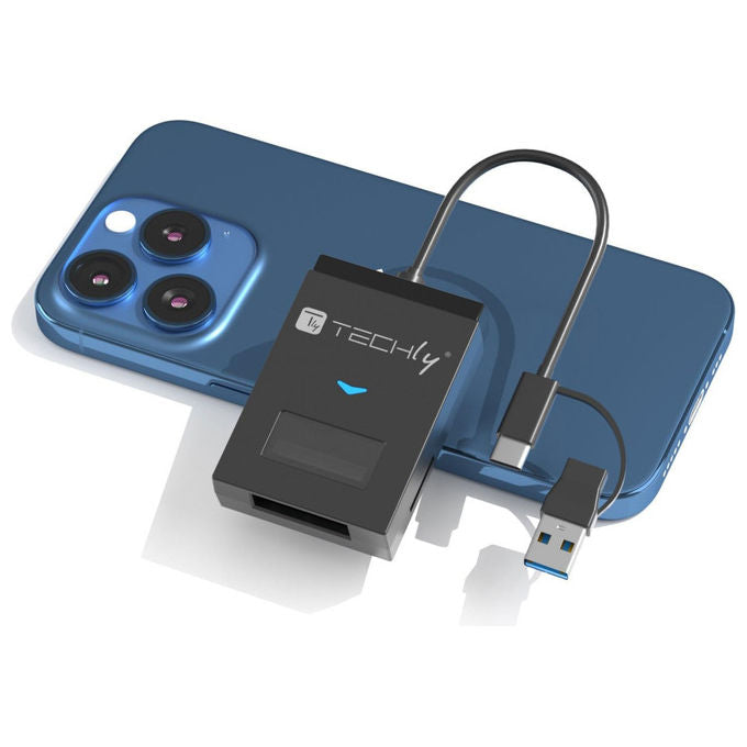 Techly, Adattatore USB-A-USB-C a NVMe-SATA M.2, Lettore Memorie SD-TF, Nero