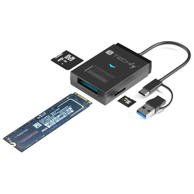 Techly, Adattatore USB-A-USB-C a NVMe-SATA M.2, Lettore Memorie SD-TF, Nero