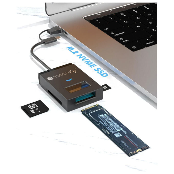 Techly, Adattatore USB-A-USB-C a NVMe-SATA M.2, Lettore Memorie SD-TF, Nero