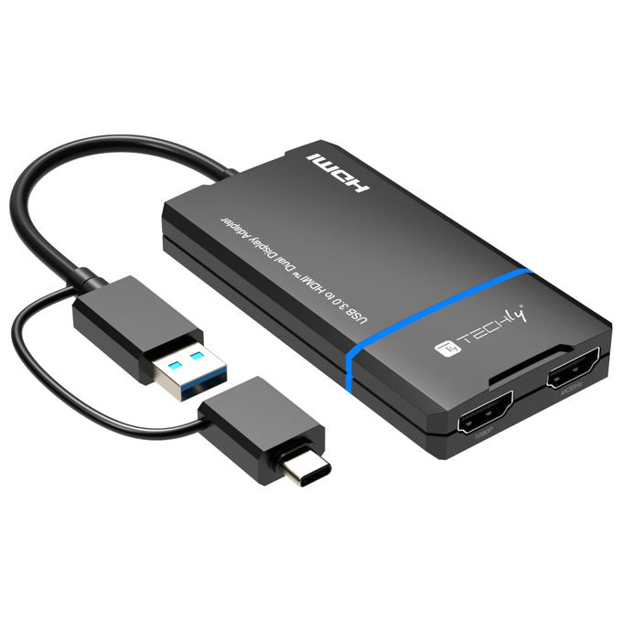 Techly, Adattatore USB-C e USB-A a doppio HDMI, Nero, Supporta 4K e 1080p
