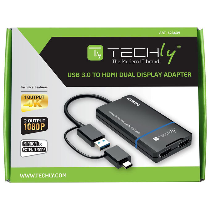 Techly, Adattatore USB-C e USB-A a doppio HDMI, Nero, Supporta 4K e 1080p