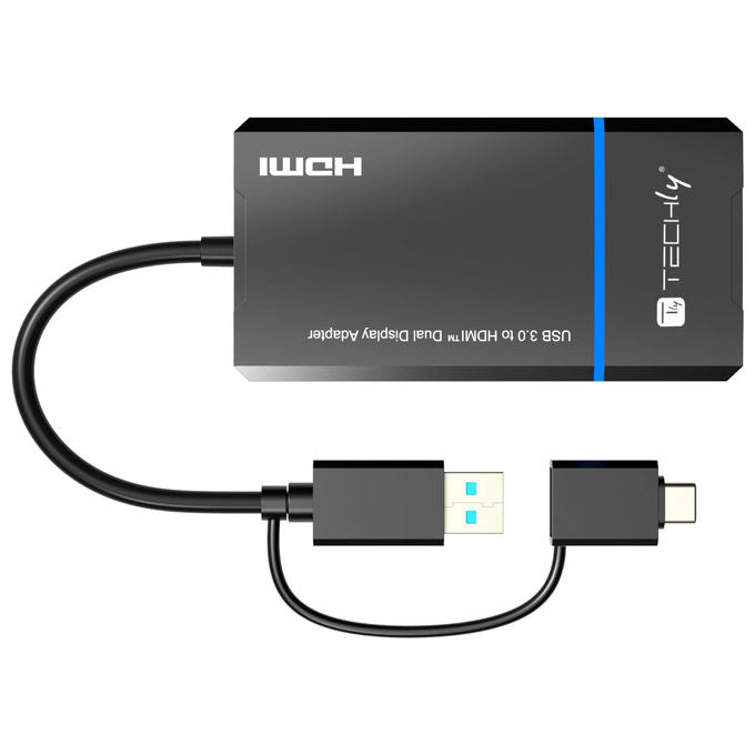 Techly, Adattatore USB-C e USB-A a doppio HDMI, Nero, Supporta 4K e 1080p
