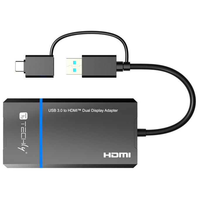 Techly, Adattatore USB-C e USB-A a doppio HDMI, Nero, Supporta 4K e 1080p