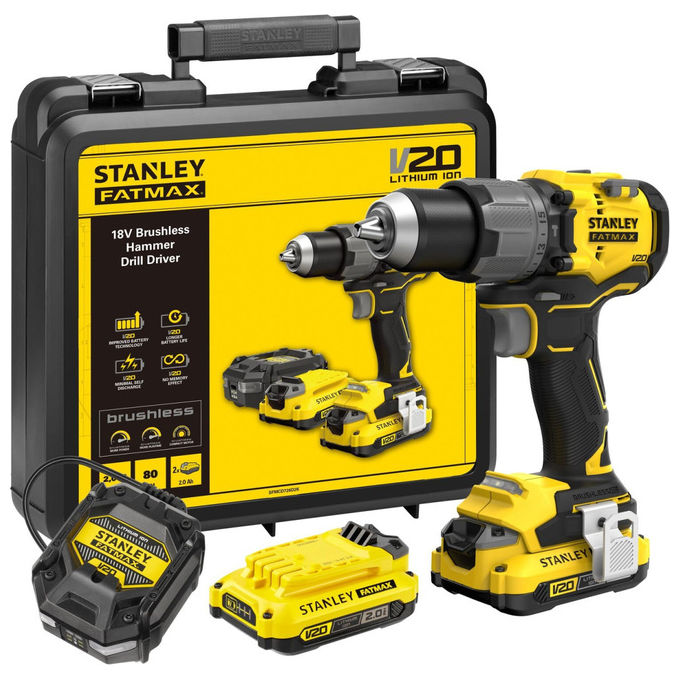 Stanley FatMax, Trapano Avvitatore a Percussione V20, 18V, Senza Spazzole, 2 Batterie, Caricabatterie, Valigetta