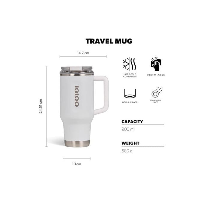 Igloo Tazza Termica Travel Mug 32 900ml Acciaio Inox Mantiene Caldo 12h-Freddo 48h Bianca